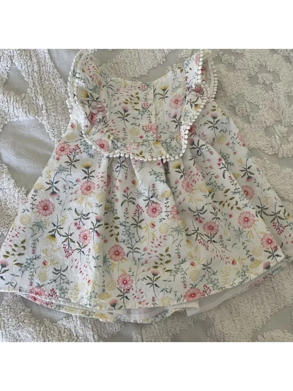 Tommy Bahama Floral Ruffle Dress Baby Girl 18M Pom Pom Trim Pastel Soft Girl